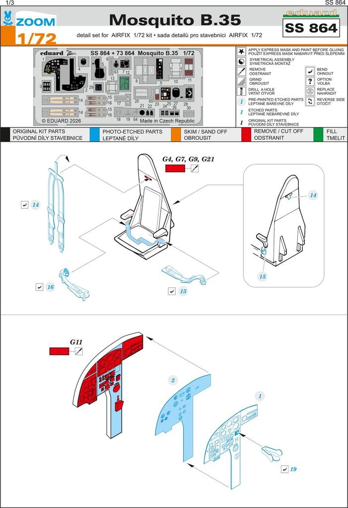 Eduard Zoom Mosquito Etched Parts Plastic Model Kit Parts EDUSS864 1/72 D.H. B.35 (for Airfix) (Airplane)