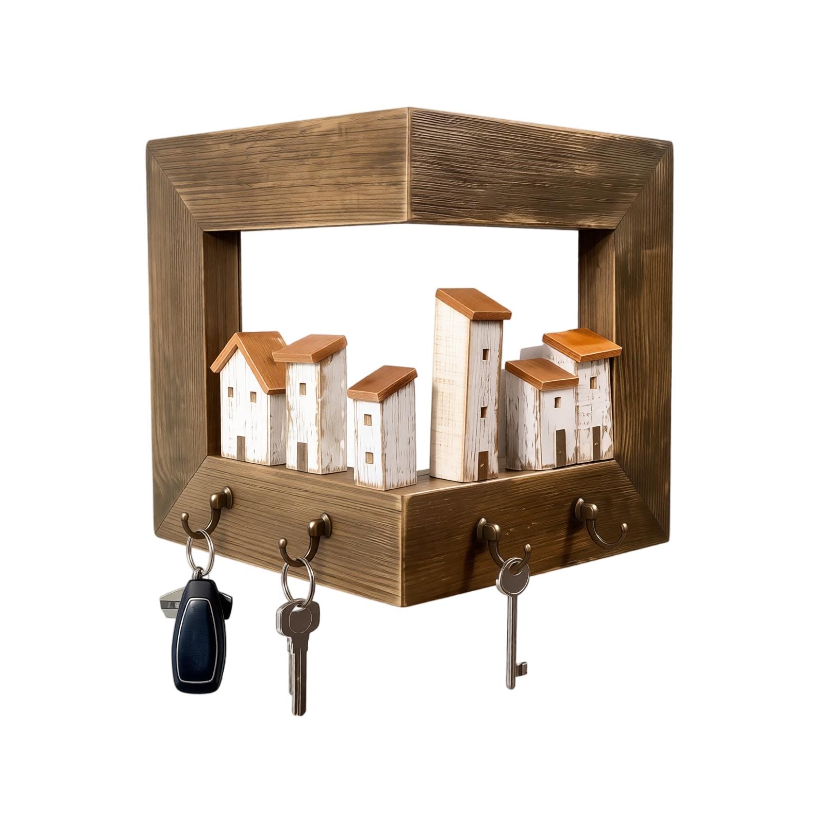 Holz-Wand-Schlüsselhakenleiste mit Regal für die Ecke, Hausförmiger Eingangsbereich für Mäntel und Schlüssel, Flur-Aufbewahrung für das Schlafzimmer one size brown