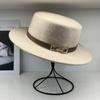 European Style French Small Leather Buckle Australian Wool Top Hat Women's Men's Flat Top Hat Autumn and Winter Retro Wide Brim Hat Tide
