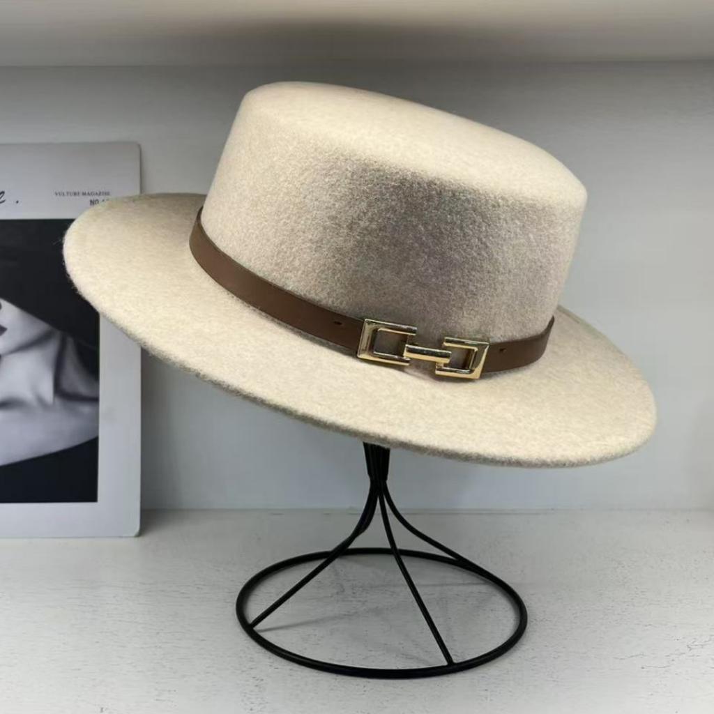European Style French Small Leather Buckle Australian Wool Top Hat Women's Men's Flat Top Hat Autumn and Winter Retro Wide Brim Hat Tide