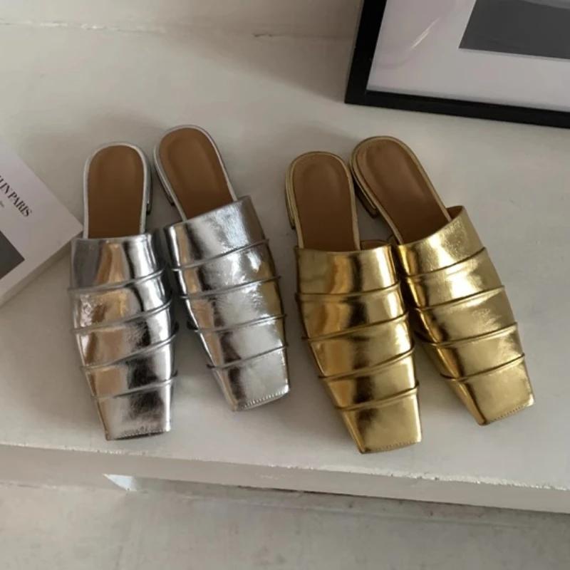 Women Slippers Flats Square Toe Sandals Woman Mules Casual Shoes 2025 Summer New Trend Dress Flip Flops Slides Zapatos De Mujer