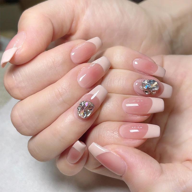 Handmade Blush Gradient Square Diamond Press-On Nails - Nude Whitening Nail Tips