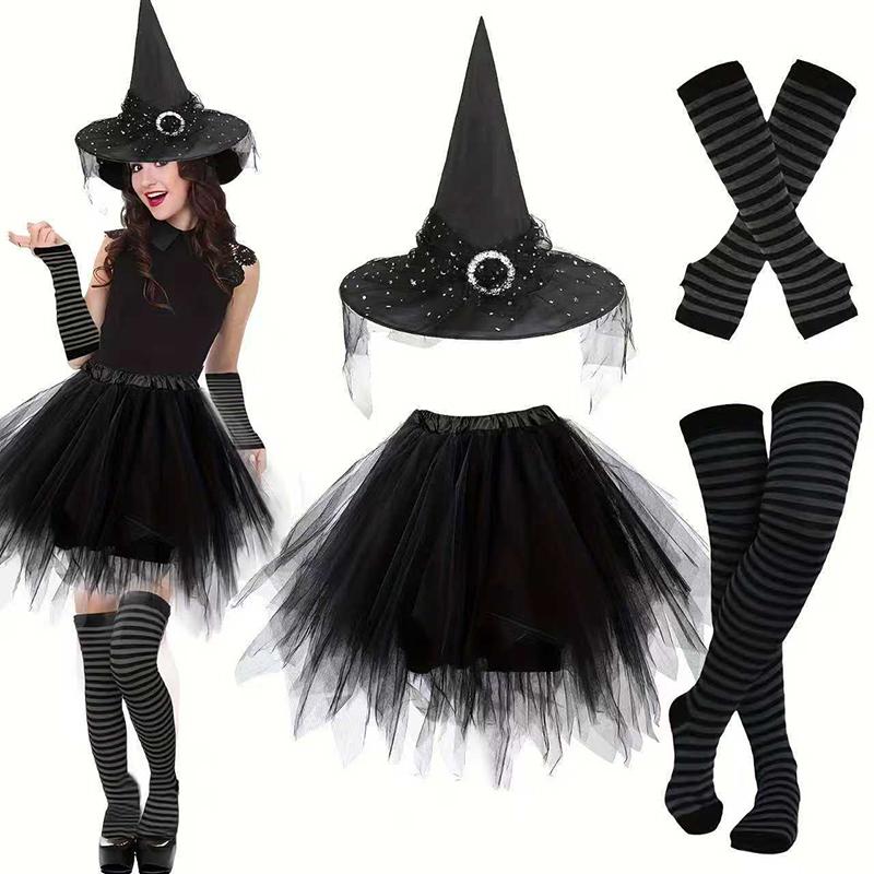 Costume da Strega di Halloween per Donna Adulta Gonna Tutù in Tulle con Cappello da Strega Calze a Righe Set da Strega Fantasia per Festa in Maschera