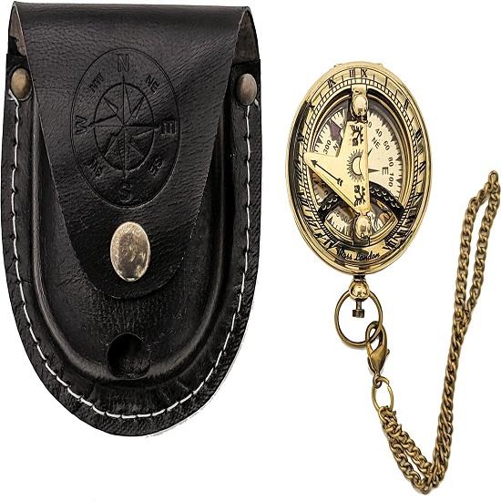 Messingist päikesekella kompass nahkümbrise ja ketiga, lükake lahti kompass