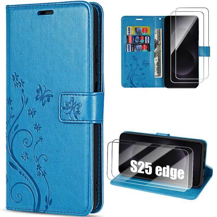 Protective Case - BOOLING - for Samsung Galaxy S25 Edge - Blue Leather Effect Butterfly Pattern - 2 Tempered Glasses