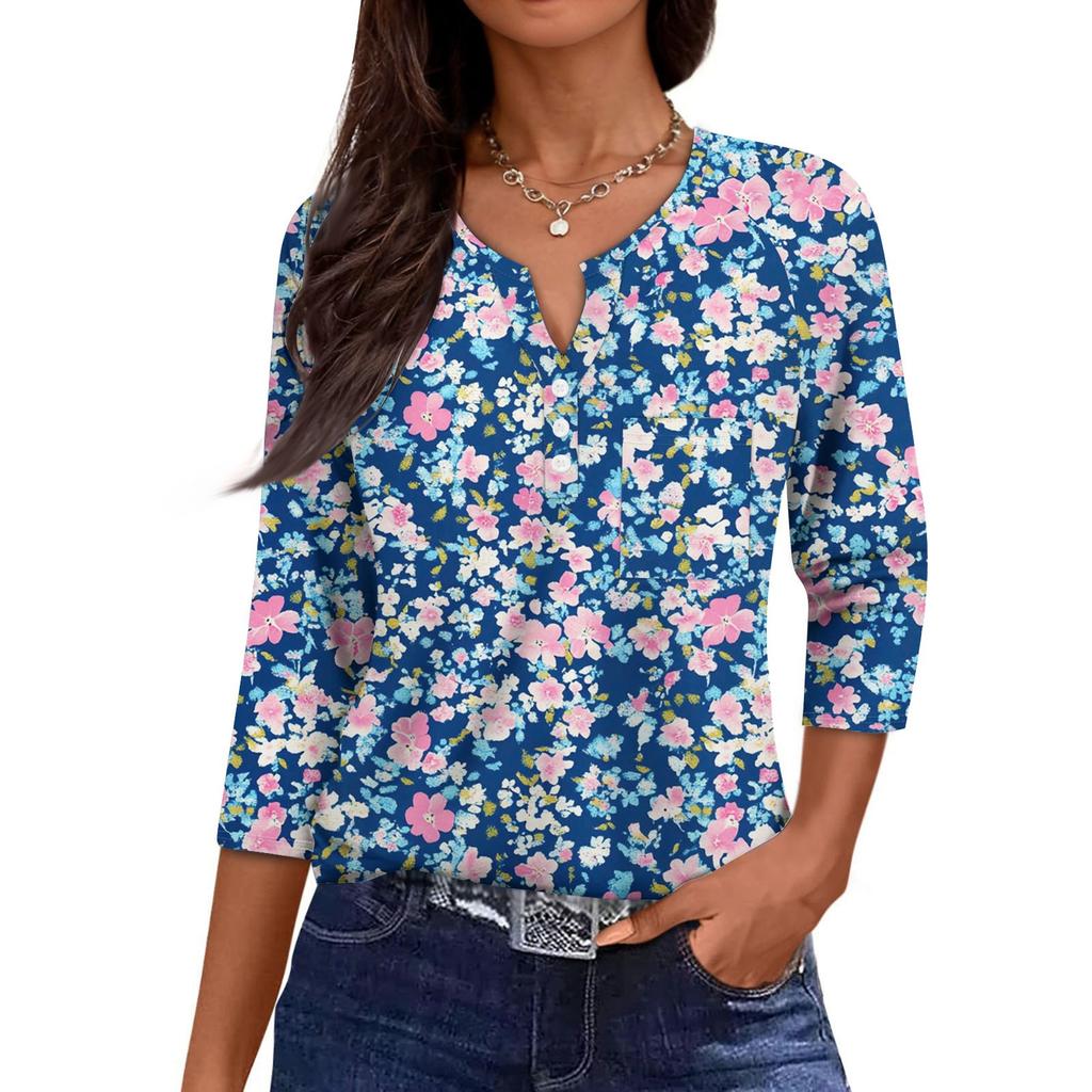 Damska Codzienna Modna Dekolt V Luźna Wszechstronna Kwiatowy Wzór Rękawy Trzyczwarte