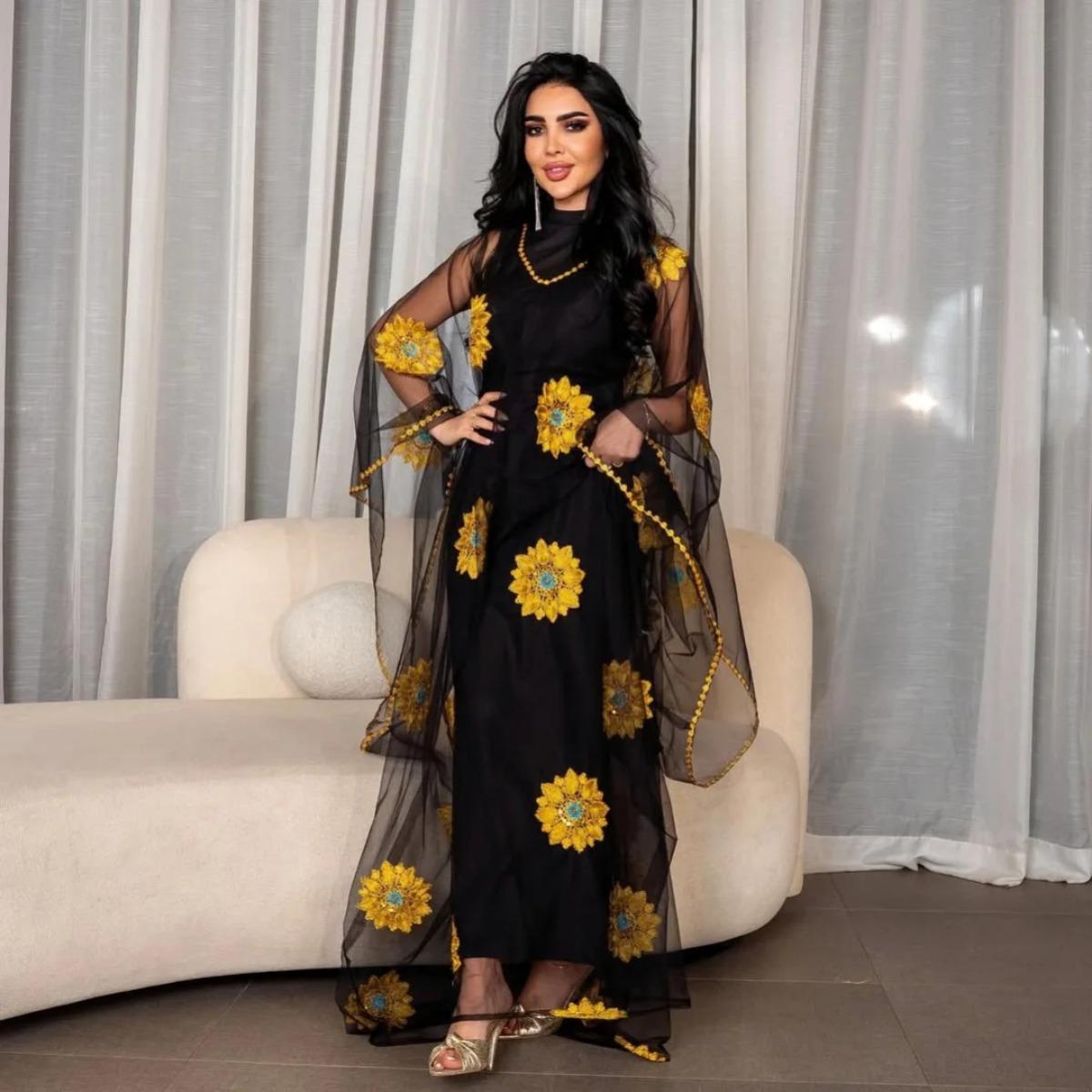 Fall Winter New Women Loose Floral Lace Embroidery Evening Party Dress Crossborder Cocktail Gown S чёрный