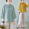 Three diMansional Embroidered Flower Sleeve Stand Up Collar Shirt Ladies Spring and Summer Retro Disc Buckle Loose Three Quarter Sleeve Shirt Ladies