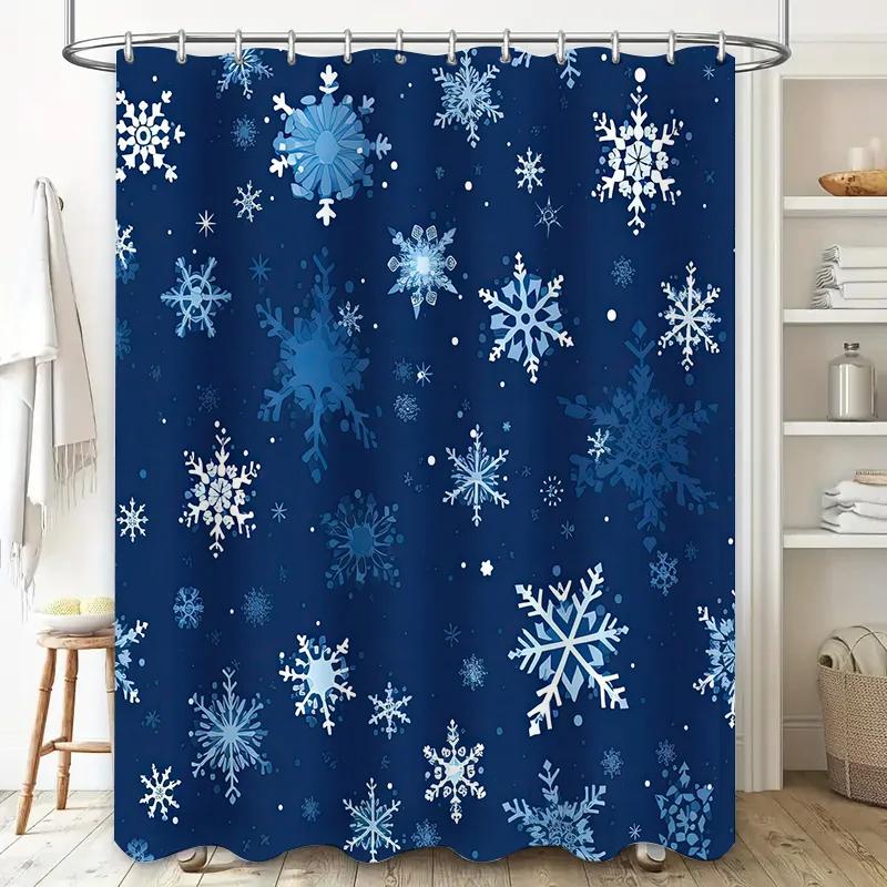 Christmas Shower Curtain, Snowflake Design, Waterproof Fabric, Blue Decorative Bathroom Liner for Bathtub, Perfect Gift Ideas