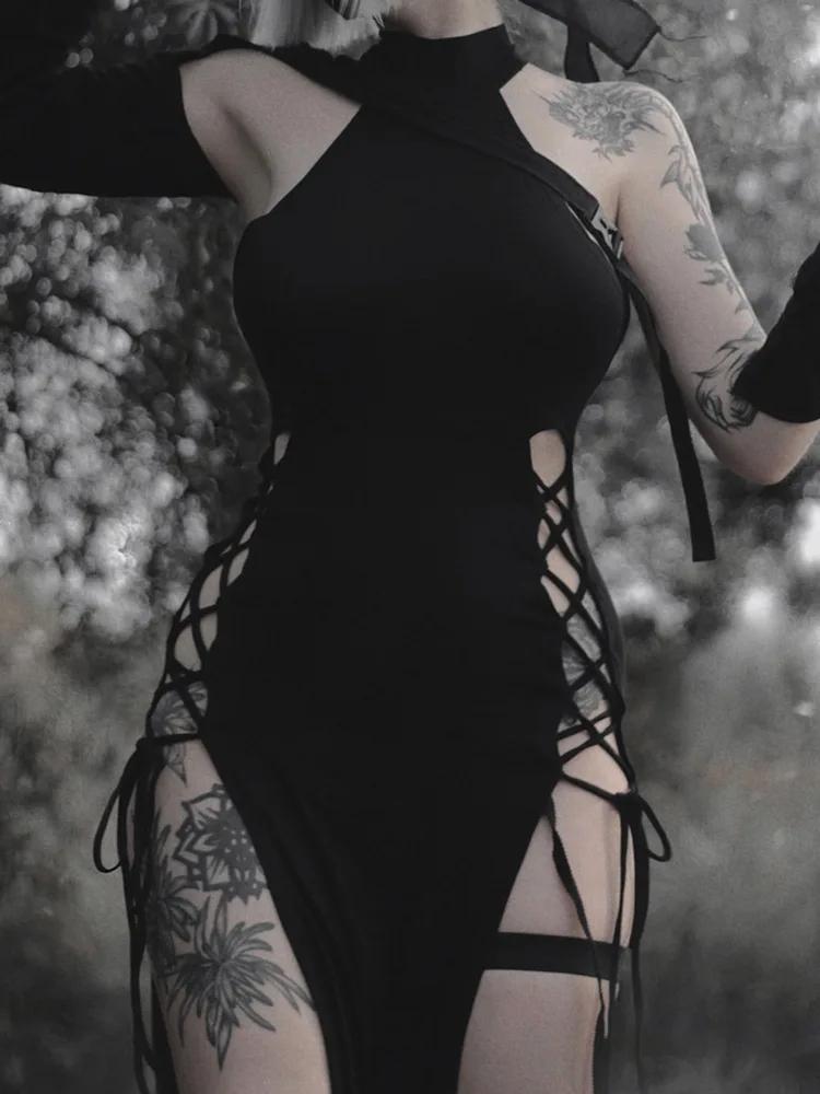 Goth Dark Cosplay High Split Sexy Bandage Women Dresses Gothic Halter Slim Midi Dress Black Grunge Style Alt Partywear