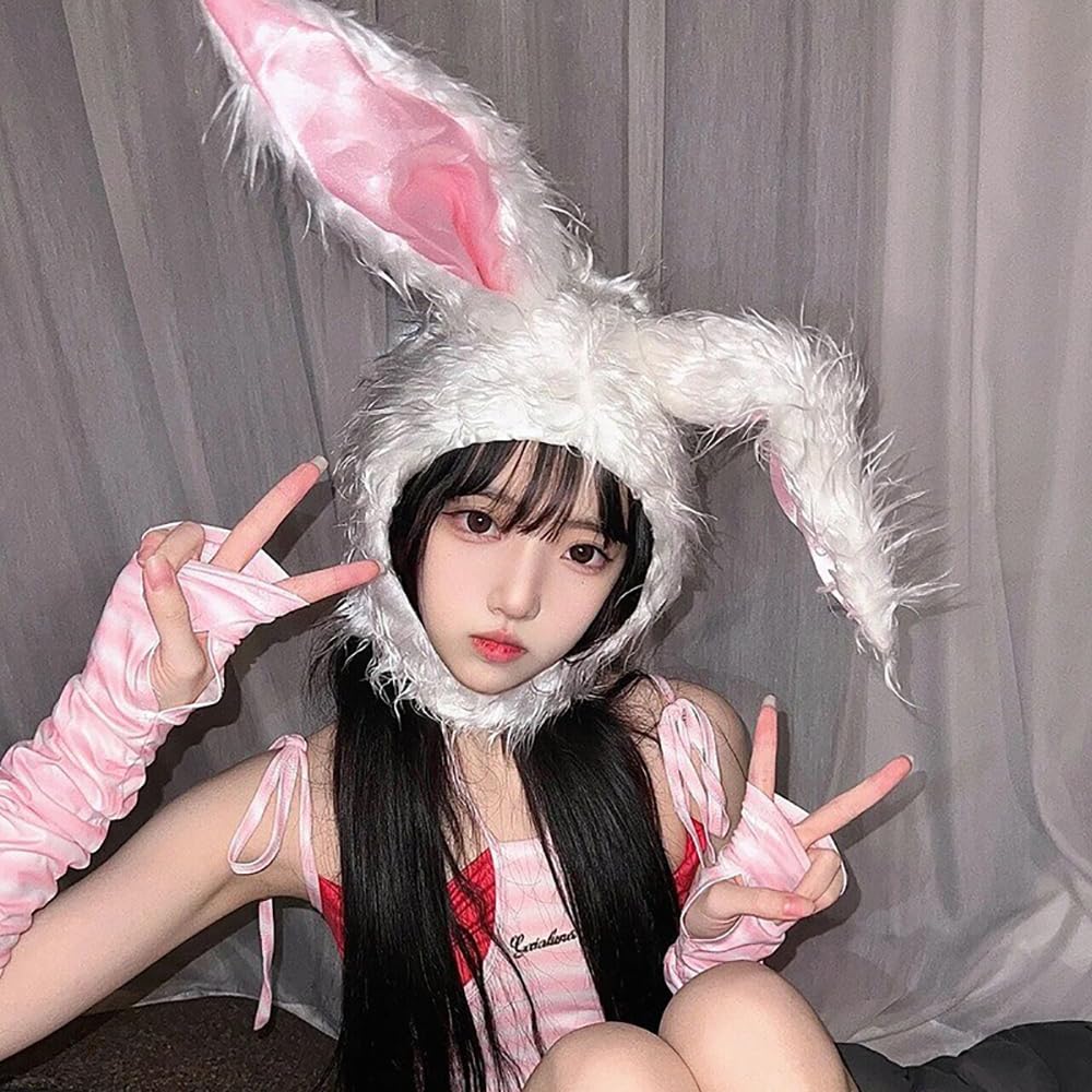 GOODCHI Rabbit Headgear, Animal Hat, Long-Haired Cap, Halloween Cosplay, Costume Accessory, Headband (White)