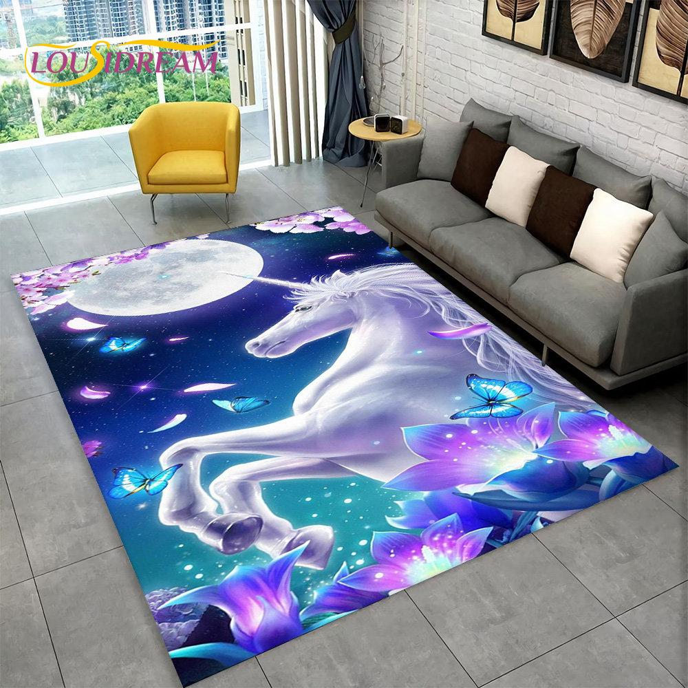 

3D-мультяшний єдиноріг із тваринами, килимок для вітальні, дитяча спальня, диван, придверний килимок, дитячий блідий нековзкий килимок 40x60cm(15x23in)