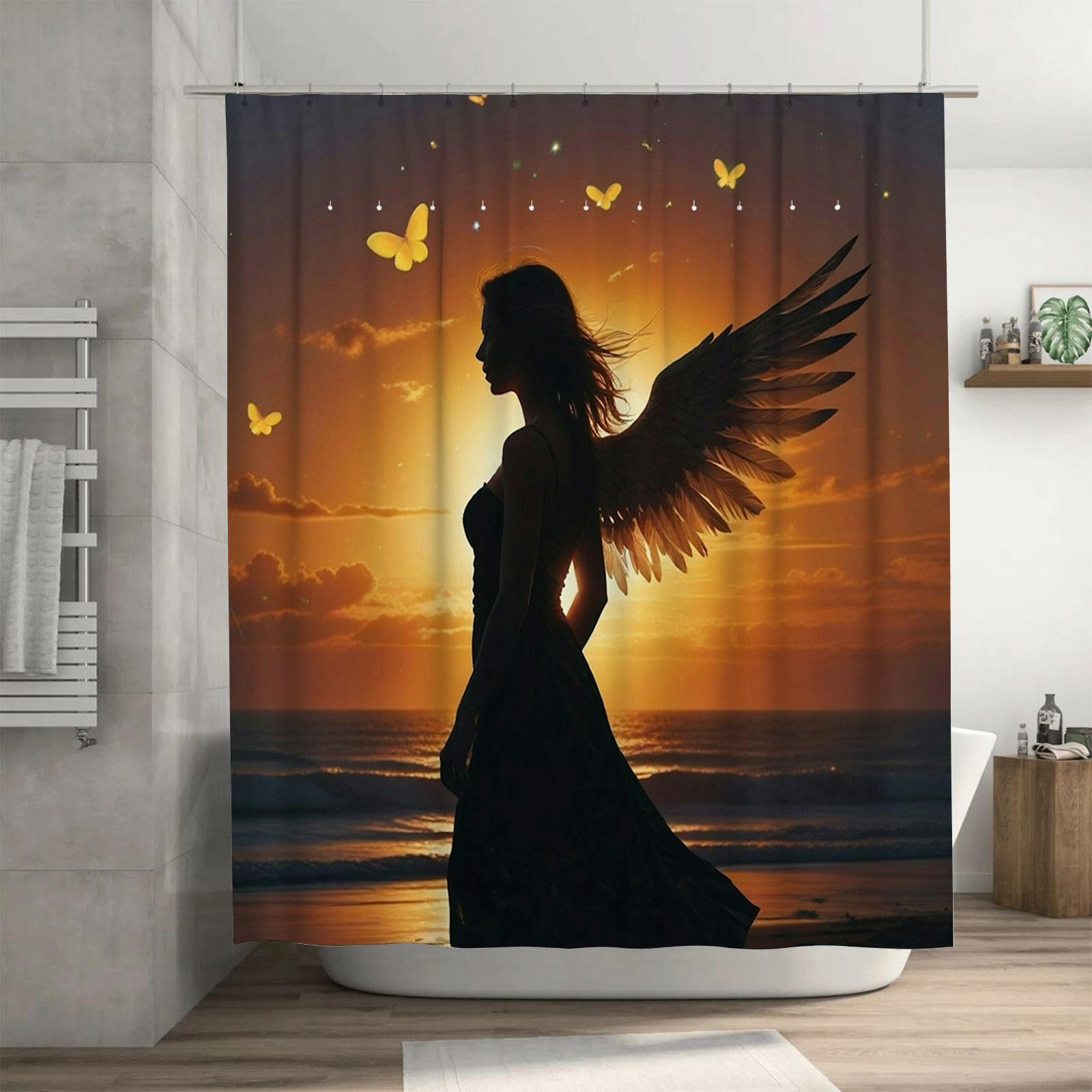 Angel Silhouette At Sunset Shower Curtain - Waterproof, Mildew-Resistant, Machine Washable For Inspirational Bathroom Decor W60H190(CM)-1 Pcs