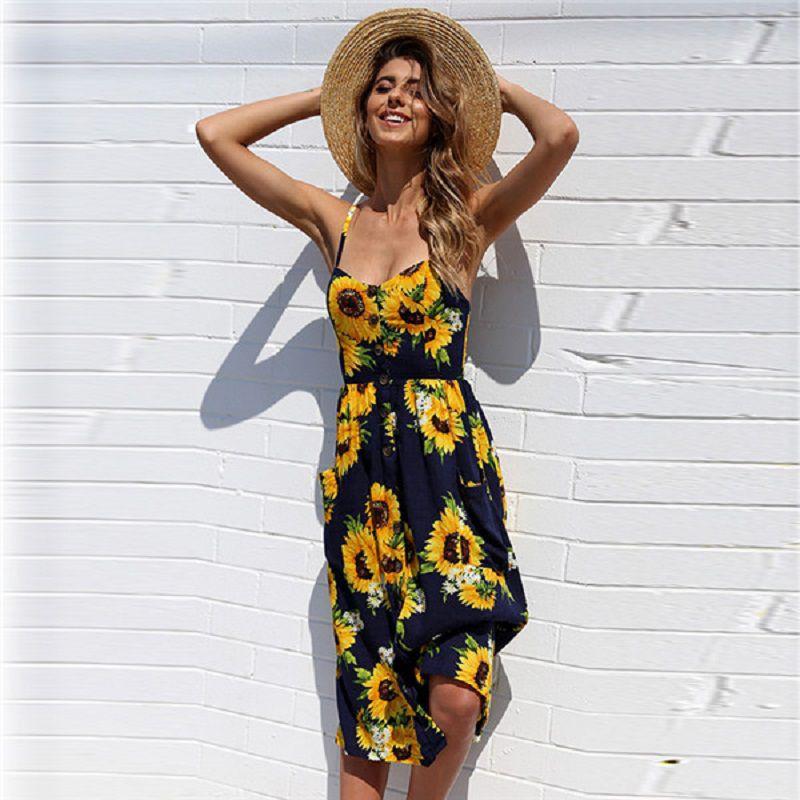 Stylish Boho Women's Summer Beach Midi Dress With Strappy Design And Button Pockets