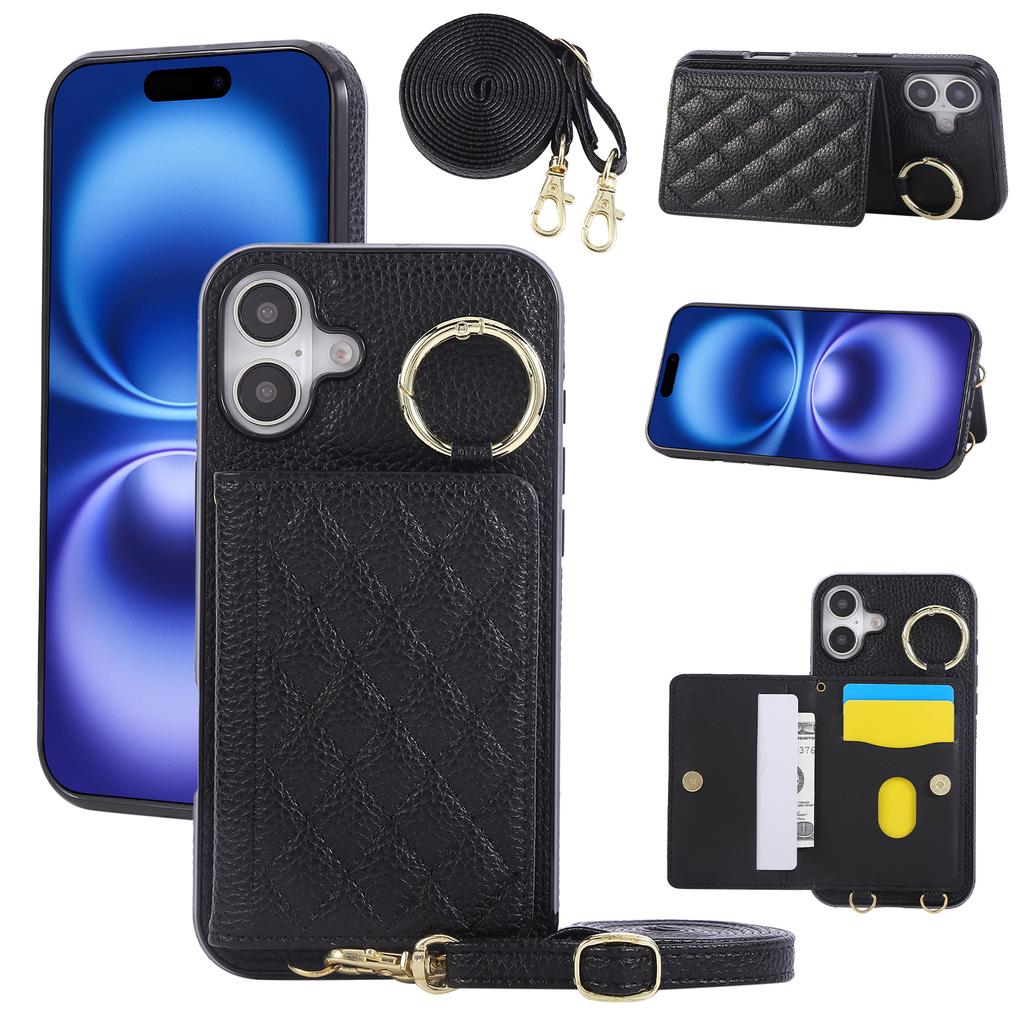 Für iPhone 16 Hülle Ständer Raute Leder+TPU Handyhülle mit Schultergurt