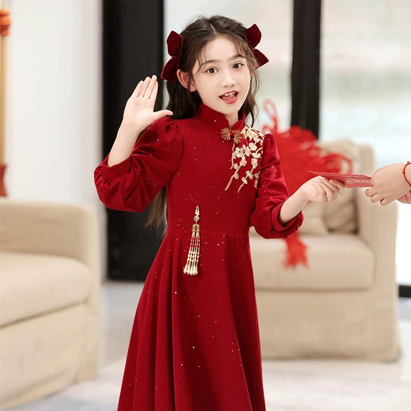 Fashionable Red New Year Princess Dress for Girls, Medium-Large, Autumn/Winter Lady-like Style