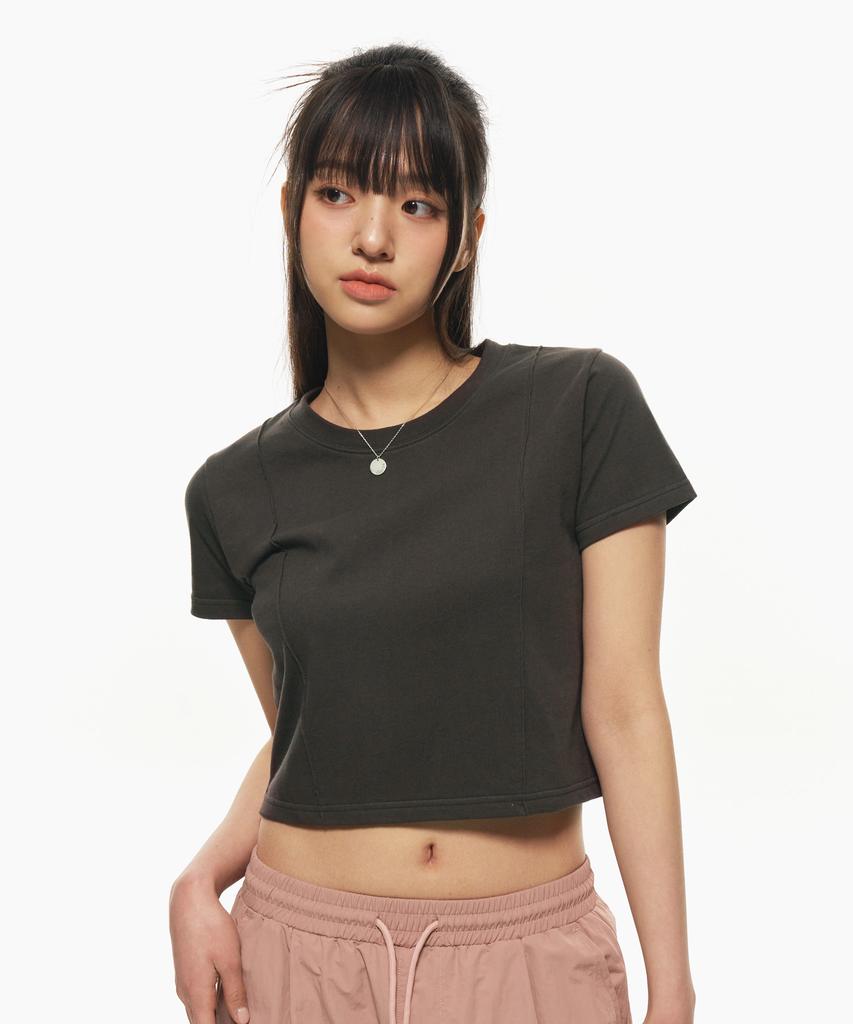 MOZMOZ Pintuck Print Crop Short Sleeve T-Shirt Charcoal