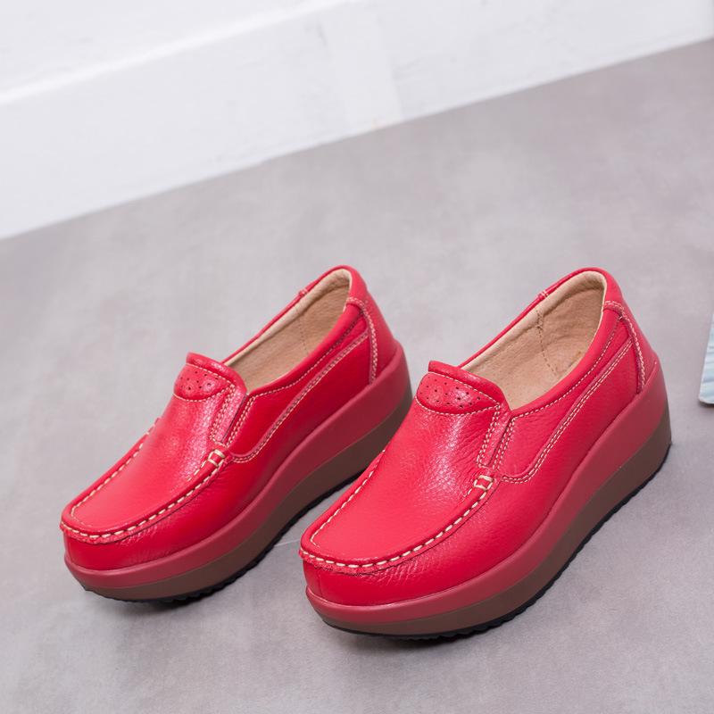 Genuine Leather Wedges Heels Shoes Fashion 5cm Platform Shoes Women Non-slip Walking Loafers