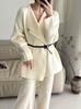 New European and American cross-border design belt, suit collar, knit cardigan, wide-leg pants, casual two-piece set