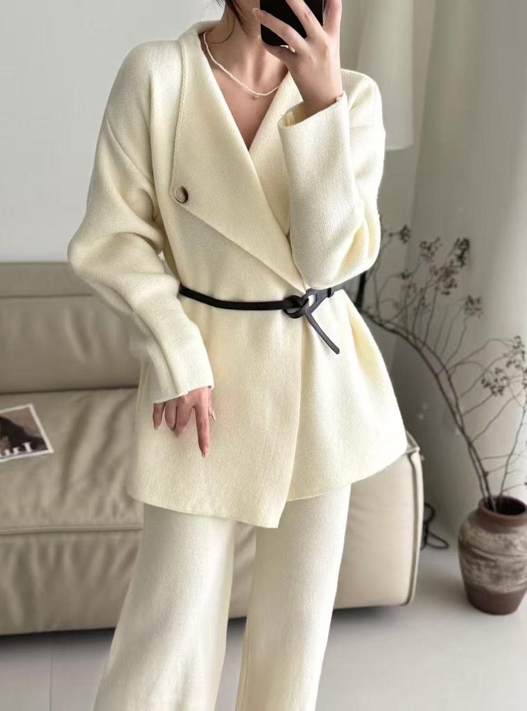 New European and American cross-border design belt, suit collar, knit cardigan, wide-leg pants, casual two-piece set