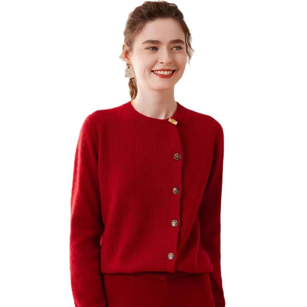 Damen Roter Kaschmir Rundhals-Cardigan - Unifarben, Seitenknopf, Locker, Figurschmeichelnde Strickoberbekleidung