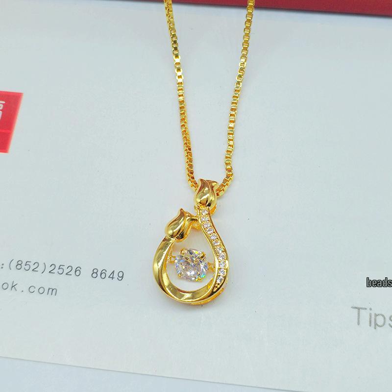 Vietnamese Sand Gold Heart Necklace with Gilded Brass Crown Pendant and Diamond Inlay In Multiple Styles