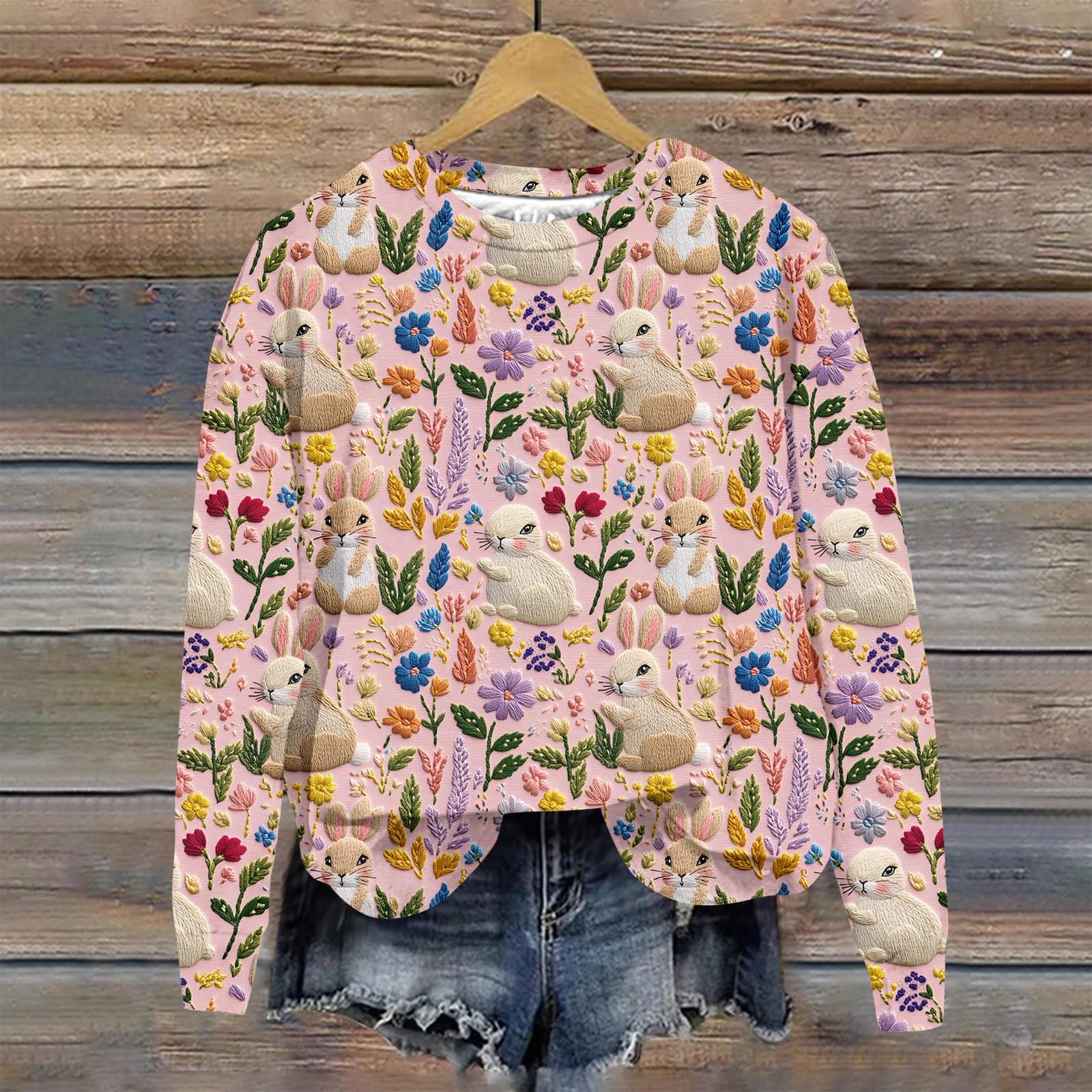 

Женская мода Пасха Печатный Длинный рукав Свободный круглый вырез Толстовка Топ XL розовый