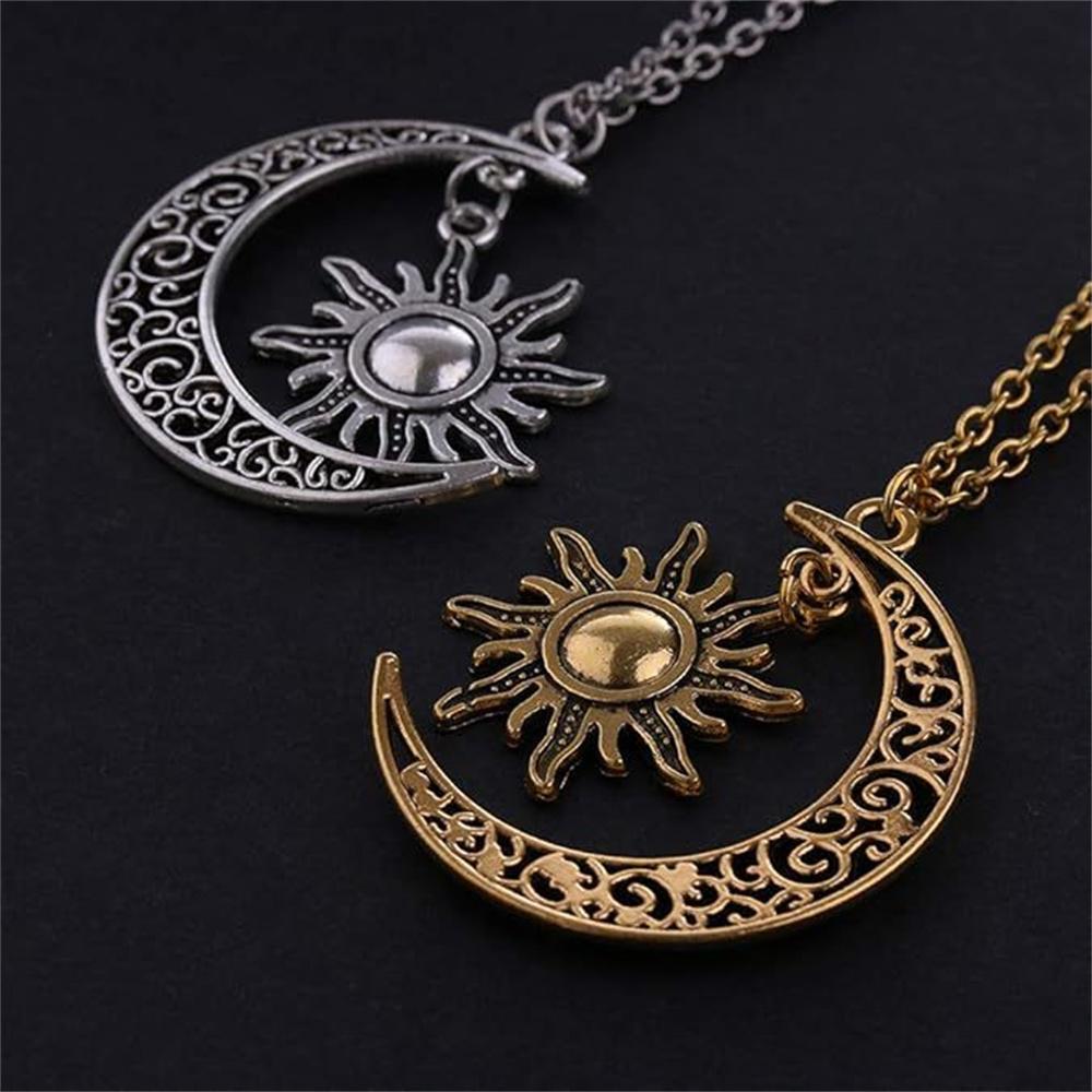 Retro Bronze Crescent And Sun Pendant Necklace Retro Whirlpool Gold And Silver Silk Unisex Jewelry Gift