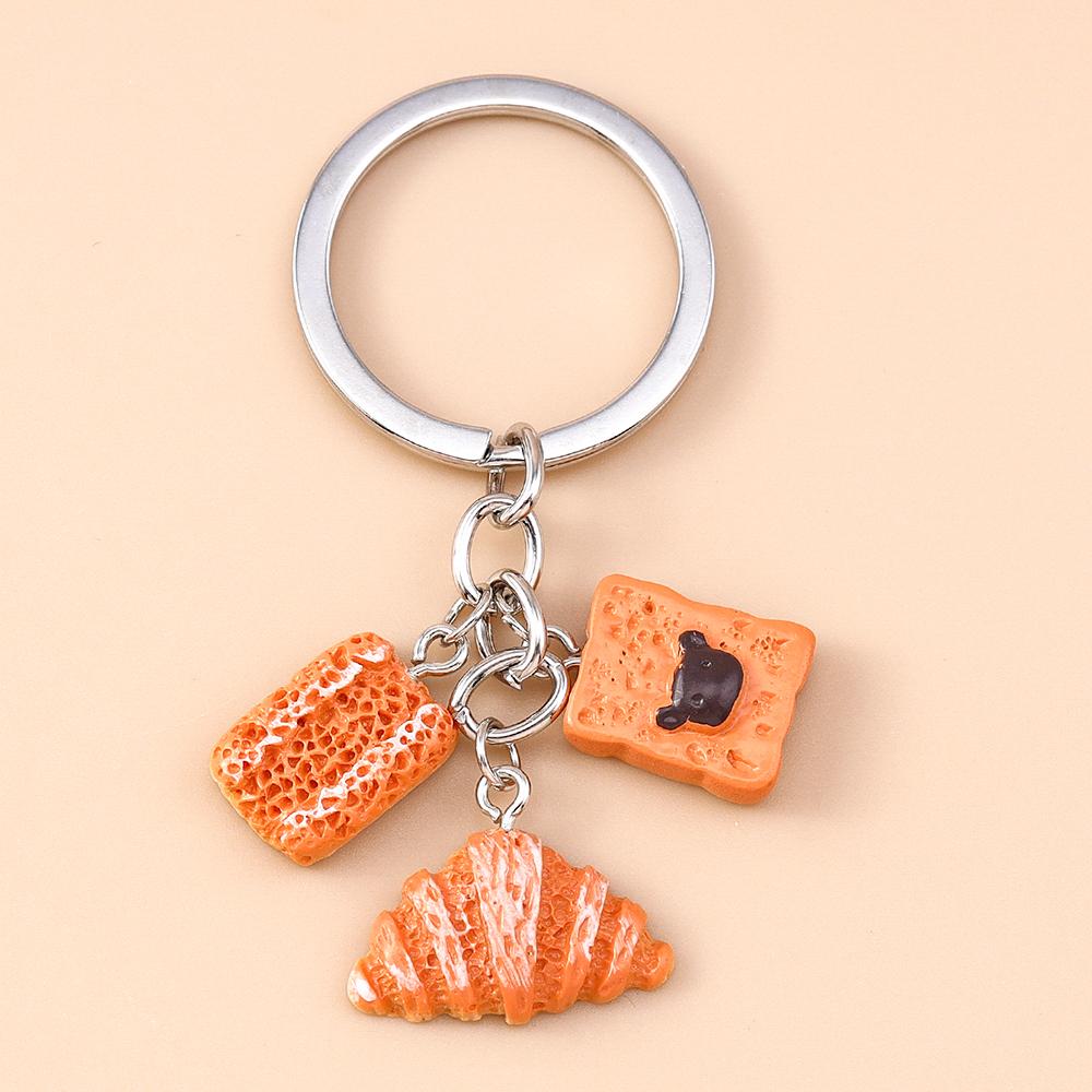 Cute Resin Simulation Food Keychain Waffle Croissant Baguette Bread Key Ring Pendants for Women Girls Handbag Decor Jewelry Gift
