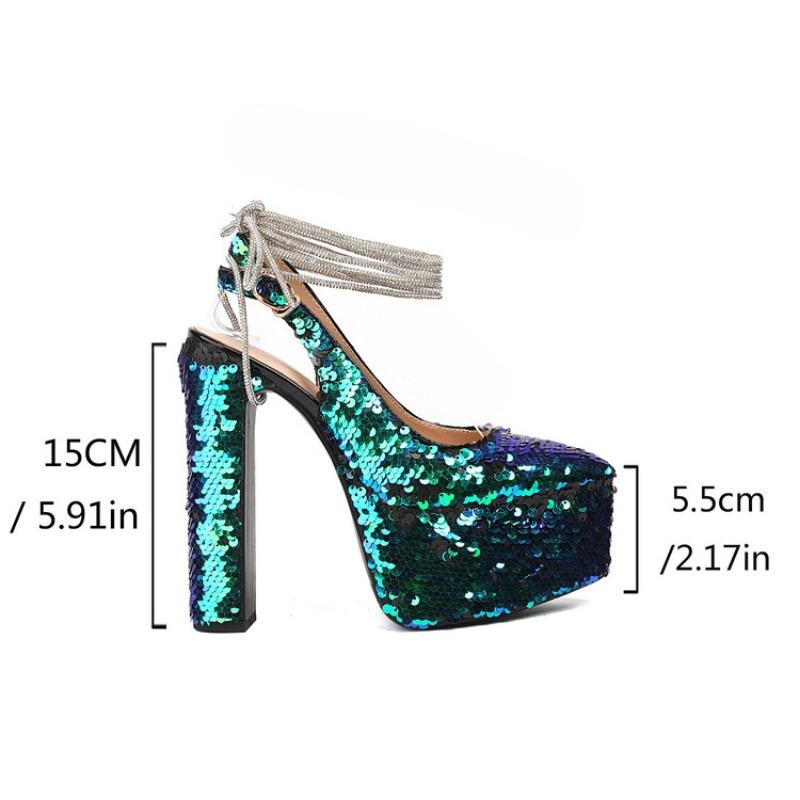 Damen Gold Grün Pailletten Schuhe Sexy Super Hochhackige Klobige Plateaus Pumps Bling Bling Silber Glitzer Schuhe Weiß