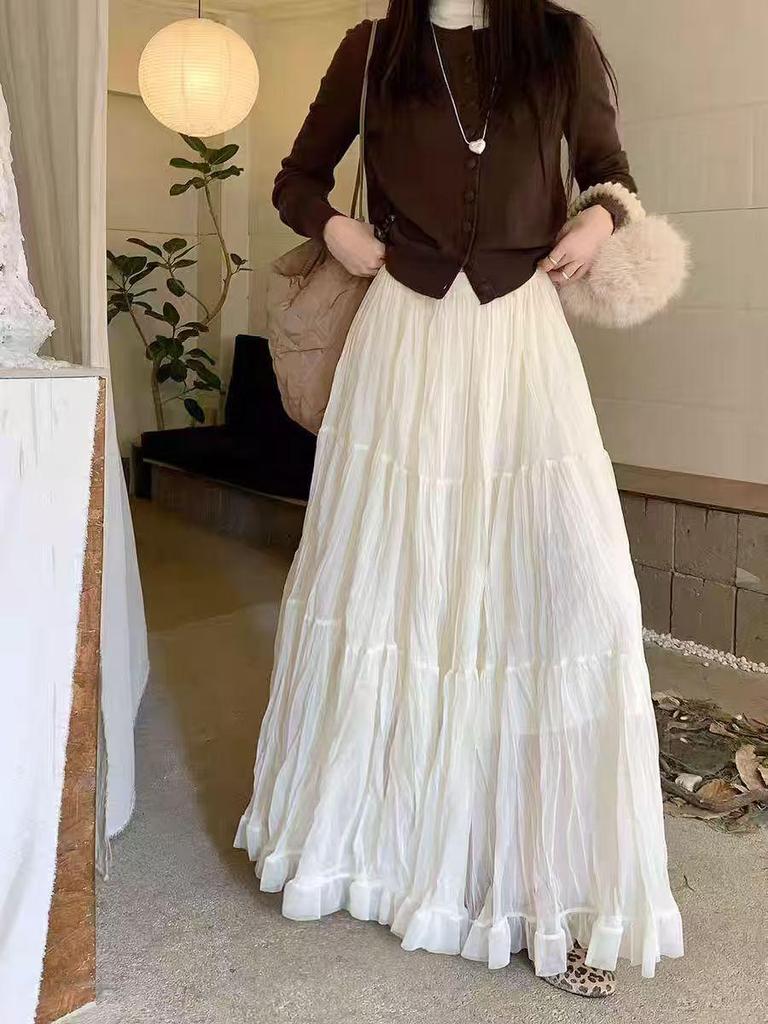 Korean-Style Solid Color Mesh Spliced A-line Skirt for Women - Elegant, Slimming, Versatile, Wide Hem for Spring & Autumn