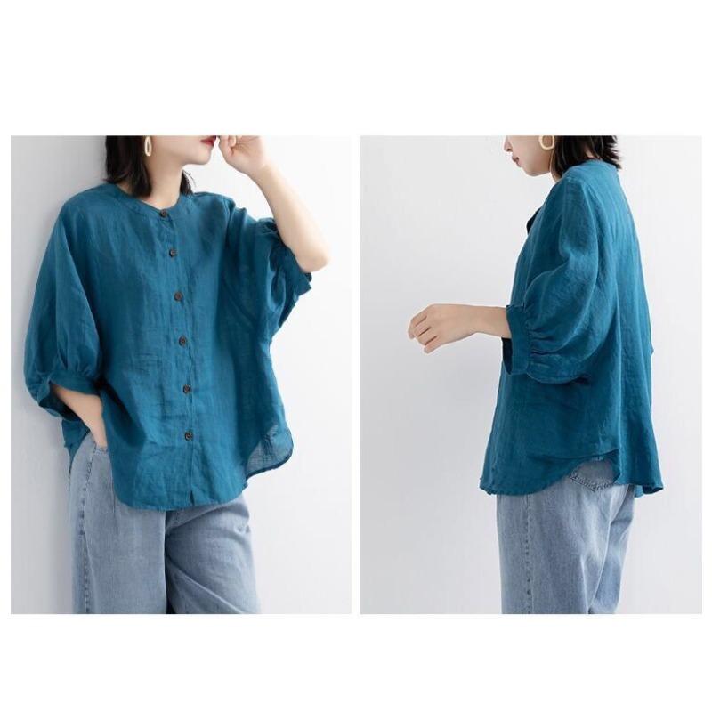 Summer Cotton Shirt Women's Lantern Sleeve Retro Blouse Large Size Loose Mid-sleeved Shirt Women