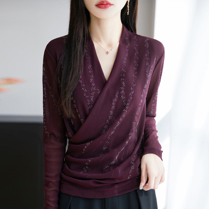 Women's V-Neck Long Sleeve Mesh Base Layer Top - Fashionable Age-Defying Crossover Neck Solid Color T-Shirt