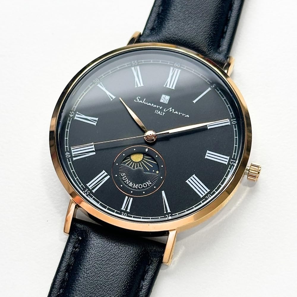 Salvatore Marra Men's Sun and Moon Slim Quartz Watch with Shopper Bag, Leather Strap, Authentic Japanese Product (No. 1: Black and Gold)