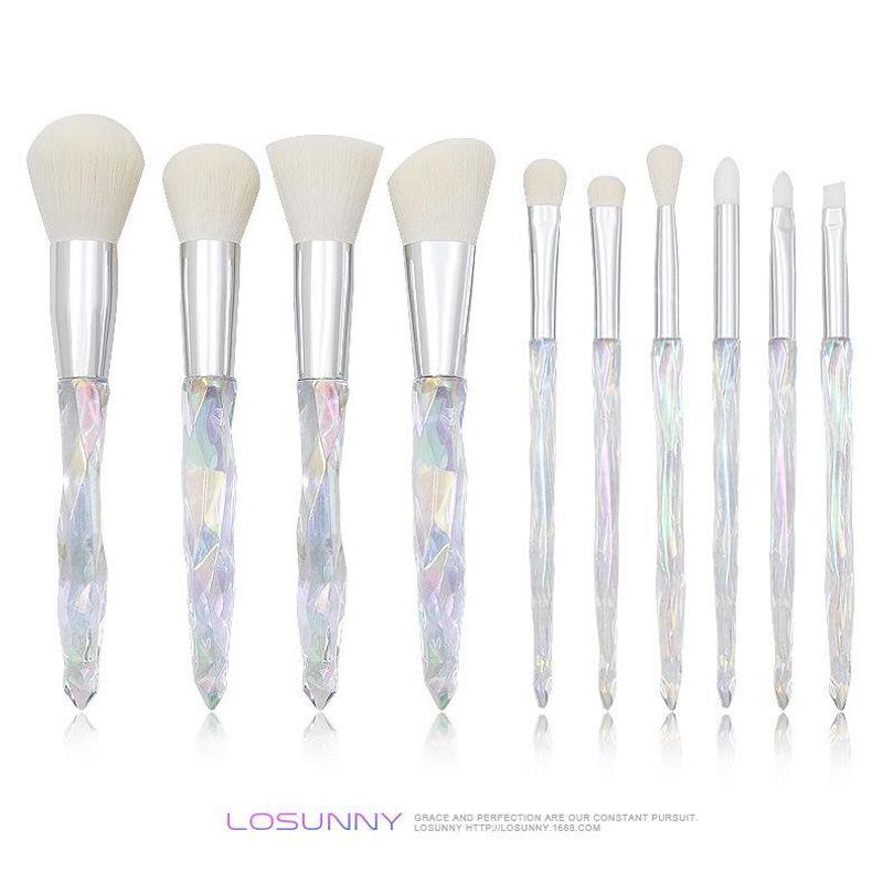 

Новое поступление 10 шт. стеклянные бриллианты пластиковая ручка набор кистей для макияжа прозрачный кристалл кисть для теней пудры тональной основы инструменты для макияжа Laser gradient handle-silver port tube-white hair