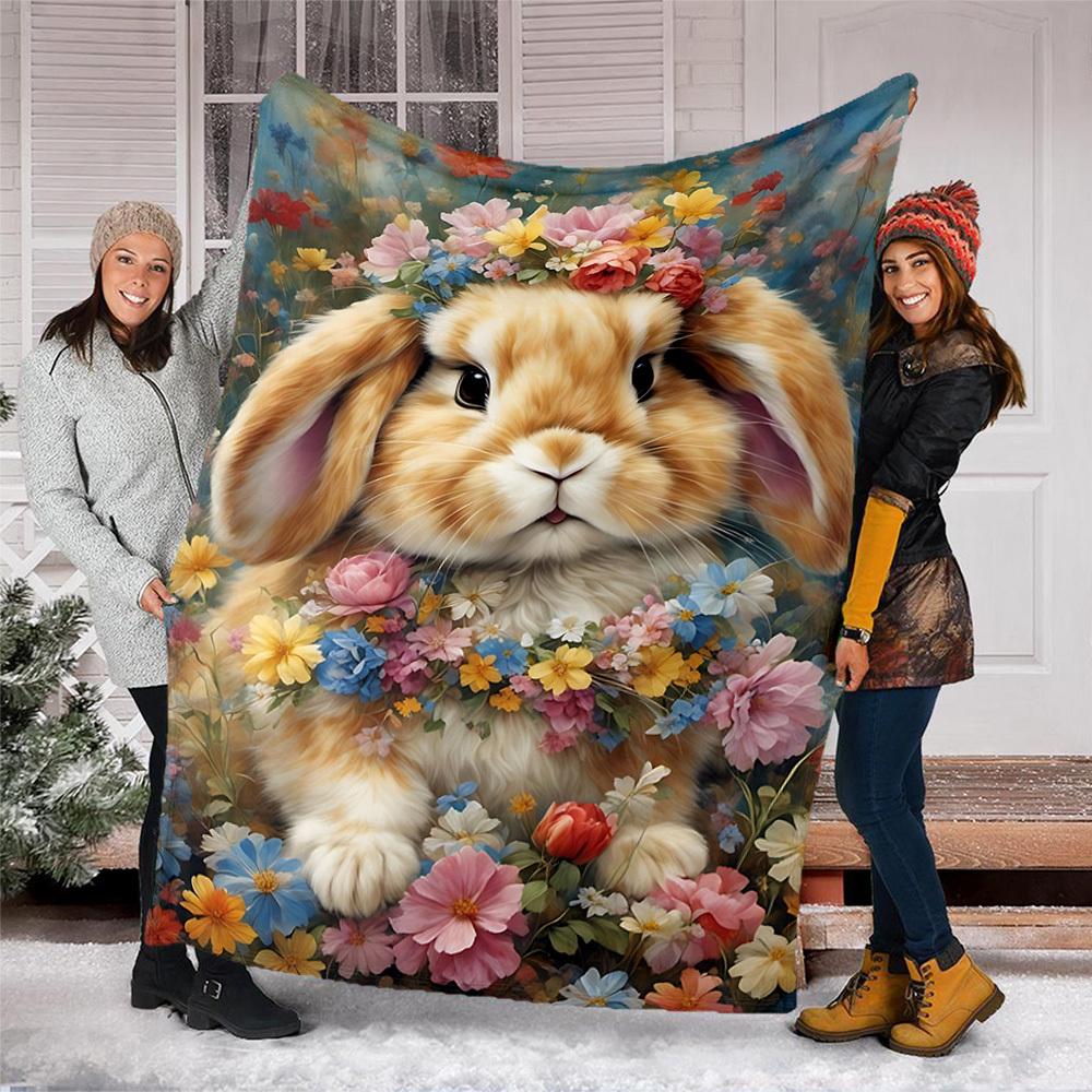 1pc Floral Bunny Ears Outdoor Flannel Blanket , Machine Washable Perfect Gift for Birthday , Holiday Travel Accessory , Durable Material
