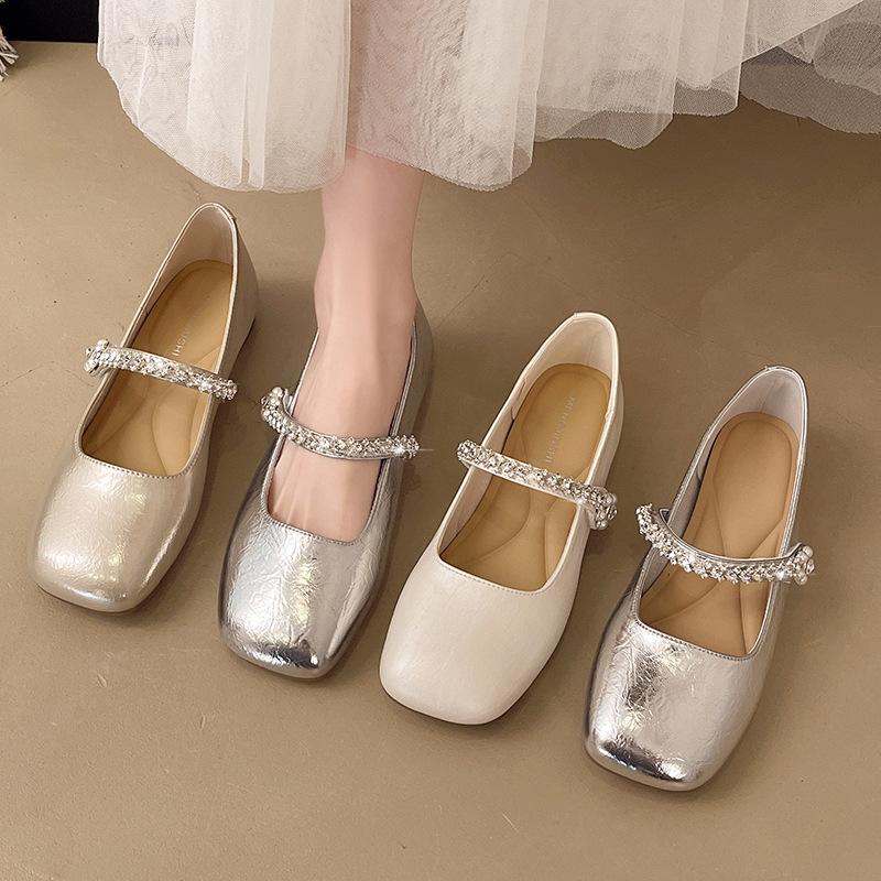 Summer single shoes 2025 new square head shallow mouth rhinestone one-word diamond belt silver low heel flat shoes Mary Jane shoes