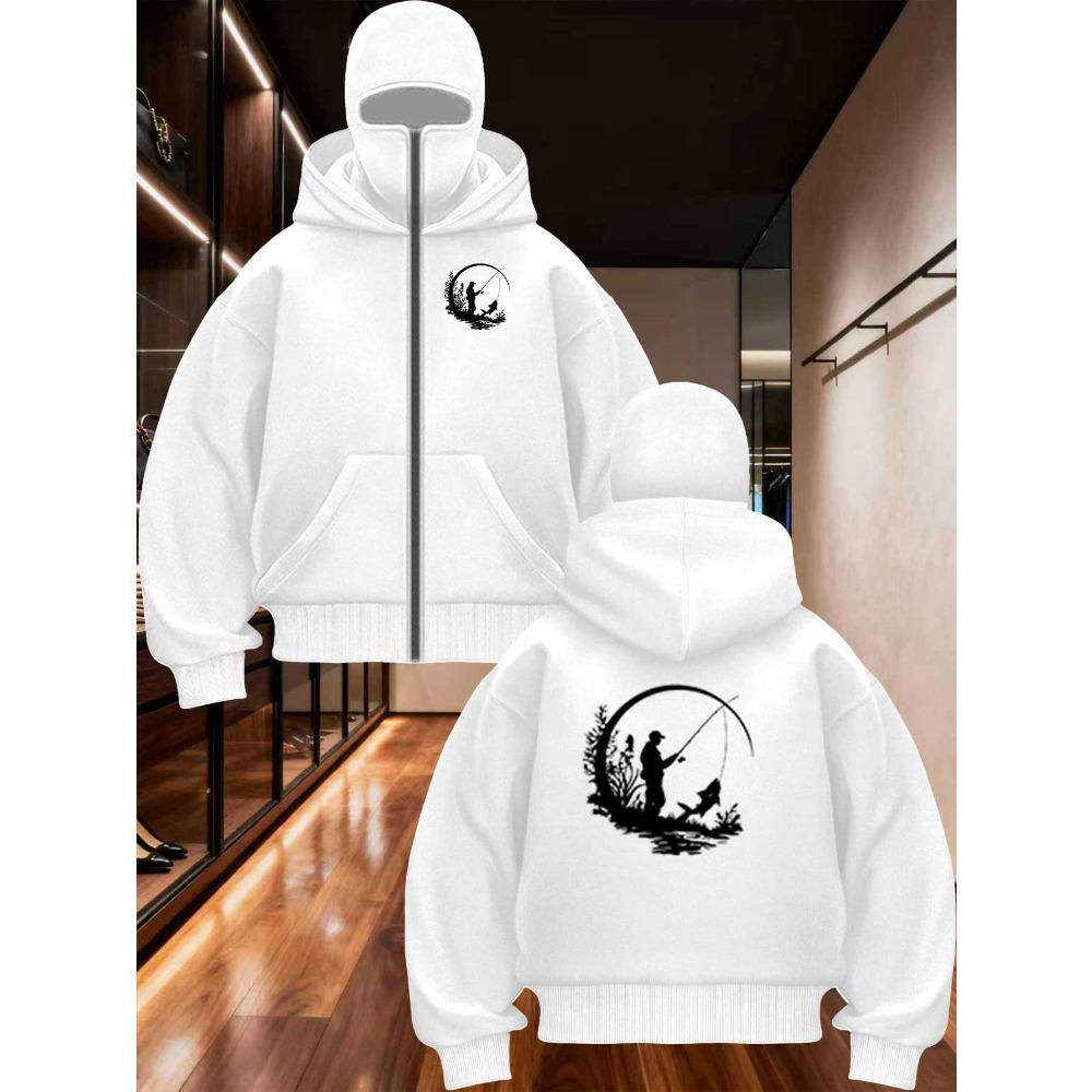Men's Winter Hooded Zipper Jacket with Outdoor Fishing Print, Color Blocked Casual Sports Jacket, Loose Long Sleeved Sweatshirt