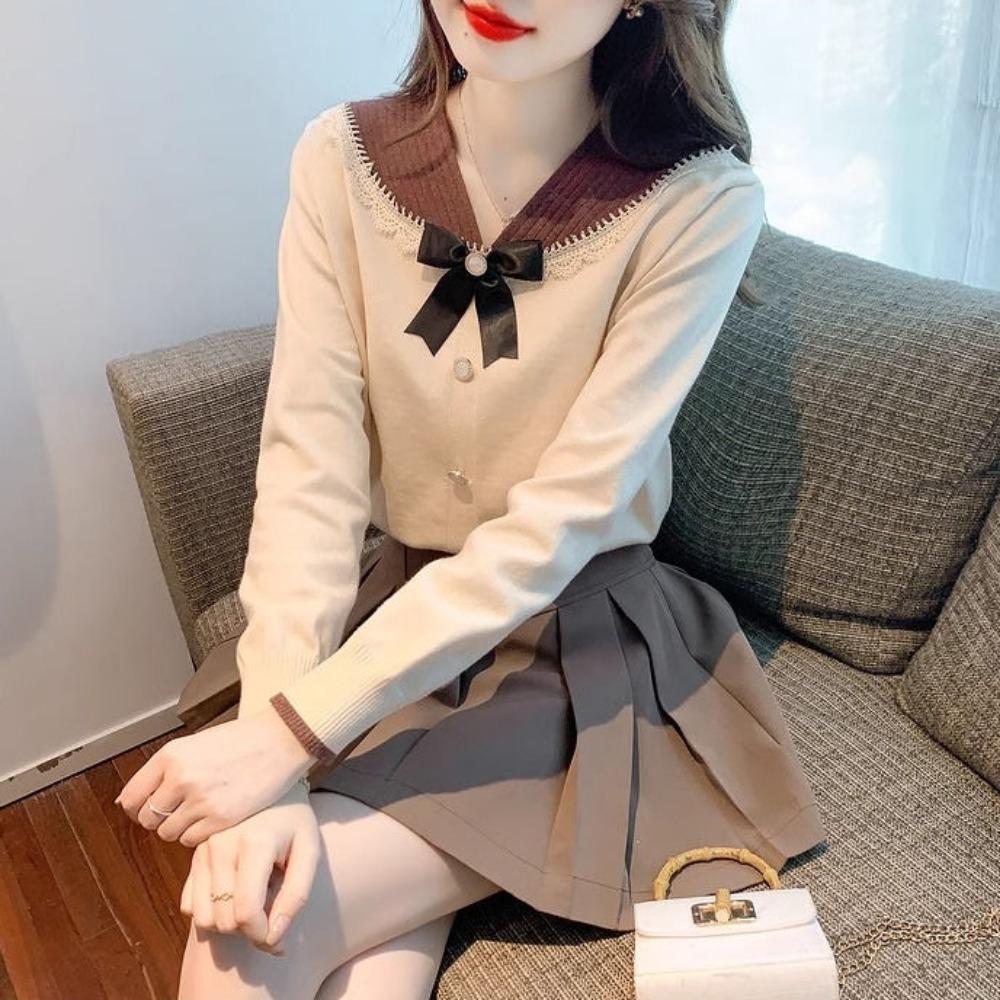 Bow Shaped Doll Neck Knitted Sweater for Women Long Sleeved New Versatile Fashion Base Shirt Anti-aging Top