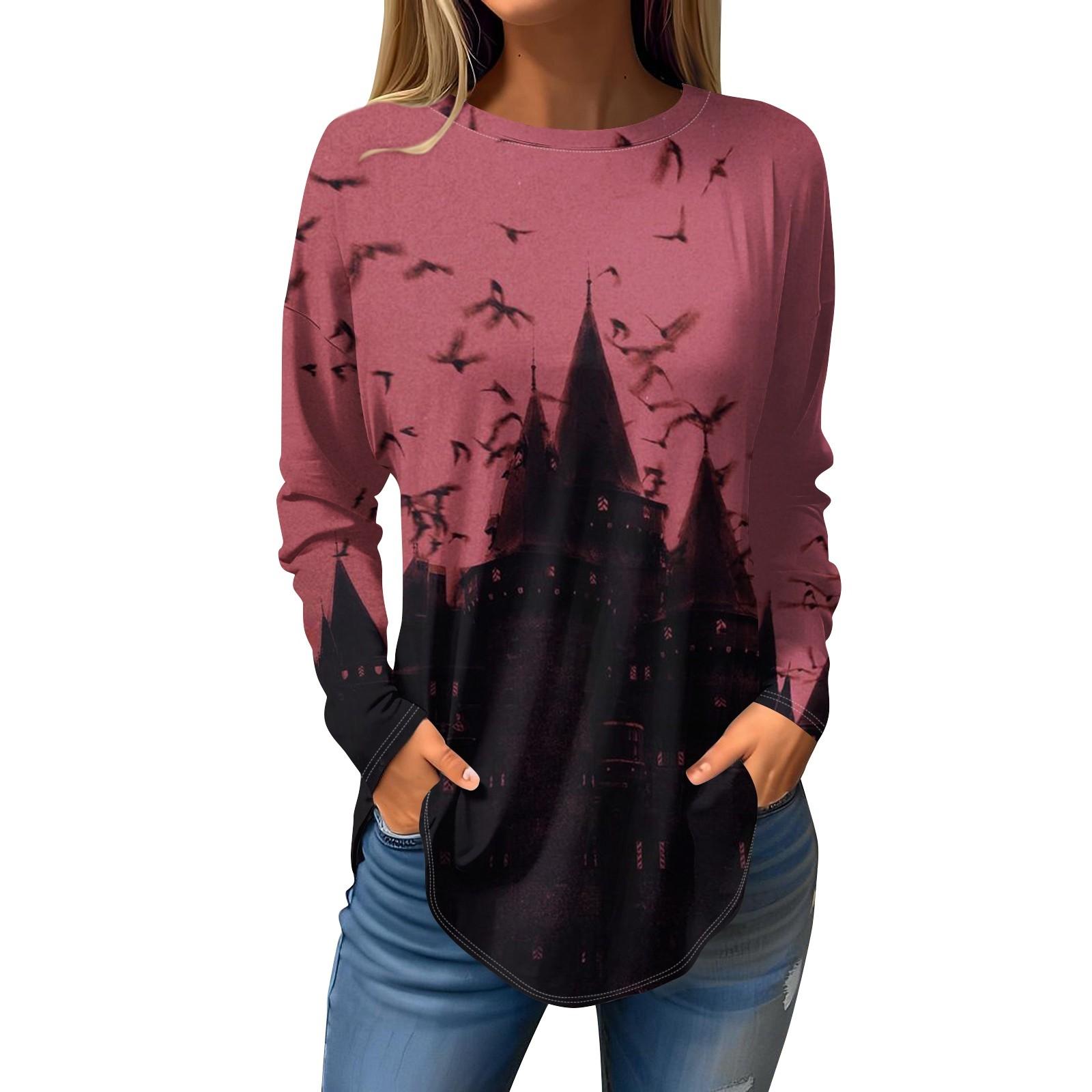 

Женская футболка с принтом Хэллоуина, длинный рукав, повседневная мода, круглый вырез, стандартный крой S чёрный