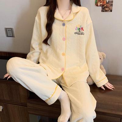 Women's Korean Style Thickened Cotton Pajama Set - Long Sleeve for Autumn/Winter, Simple Design, Home & Outdoor Wear.