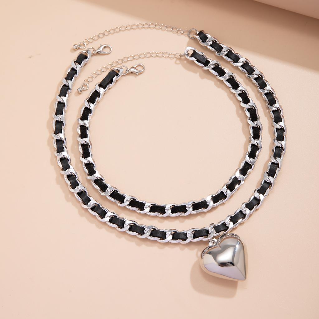 PuRui Trendy Kjærlighetshjerte Anheng Halskjede for Kvinner Lenkekjede Med PU-tau Sjarm Choker Zirkon På Halsen Damer Elegante Gaver
