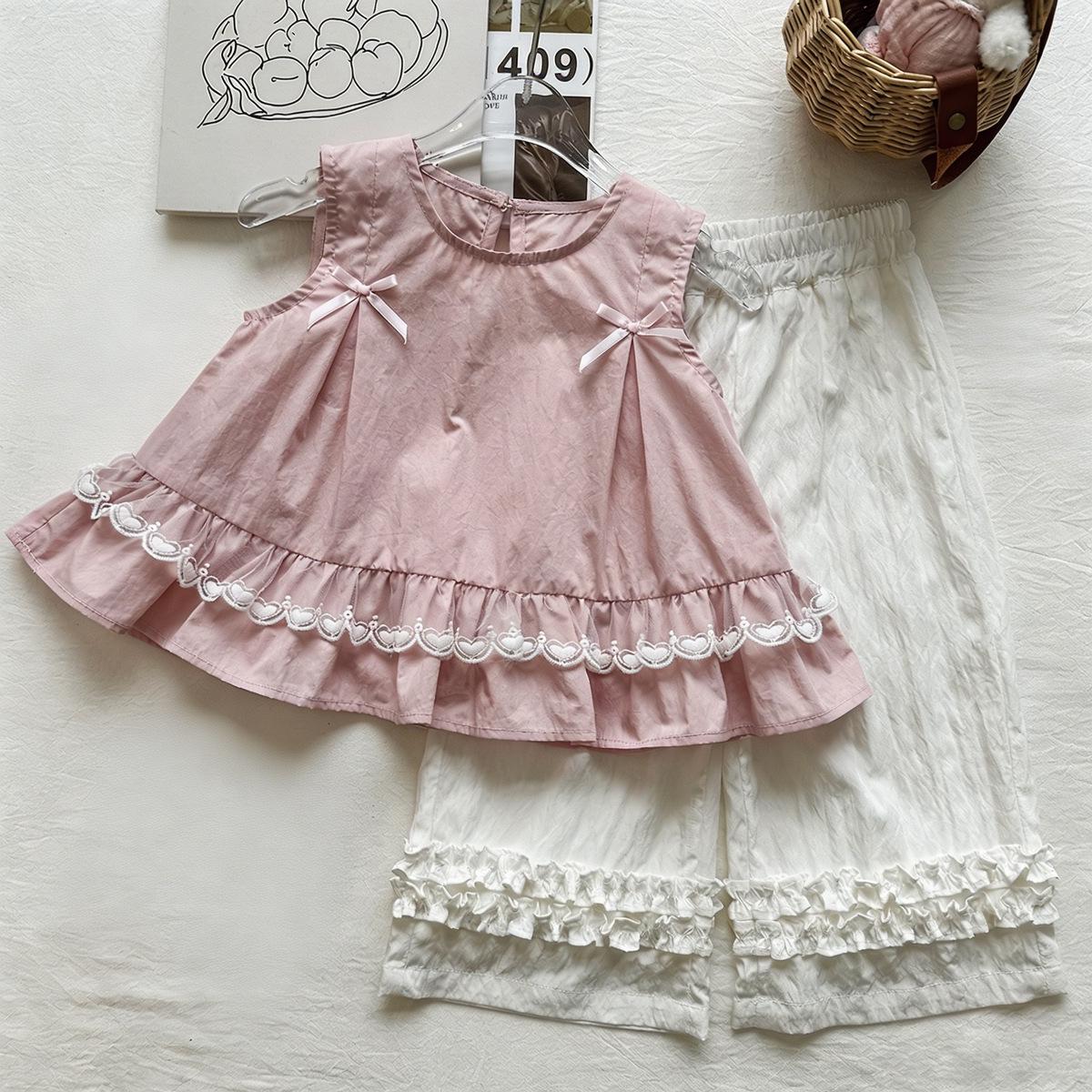 Girls  Heart Lace Trim Set: Sleeveless Tank & Bow Back Wide-Leg Pants 120 cm