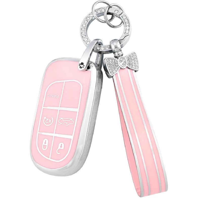 PIFOOG Pink Key Fob Cover for Jeep Cherokee Grand Cherokee Compass Renegade Bling Keychain 5 Buttons Car Keys Case Shell Full Covers Protector Girly