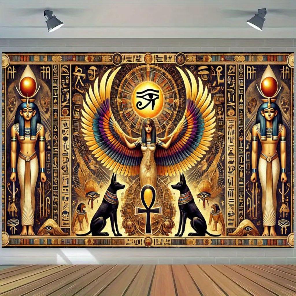Mysterious ancient Egyptian art tapestry - polyester wall hanging featuring hieroglyphics and a golden-winged goddess