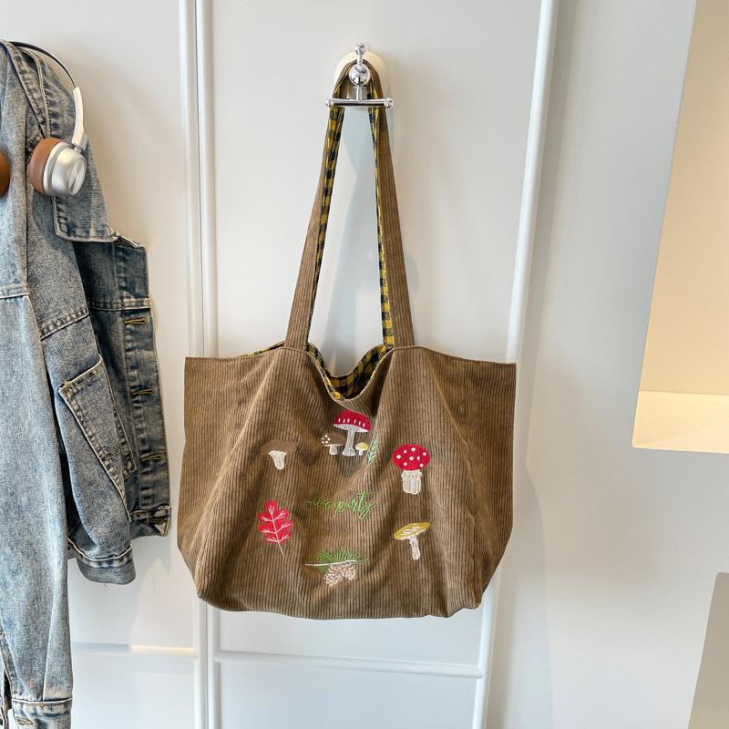 Mori Mushroom Embroidered Shoulder Messenger Bag Corduroy Plaid Double-sided Bag Autumn and Winter New Retro Student Class Bag