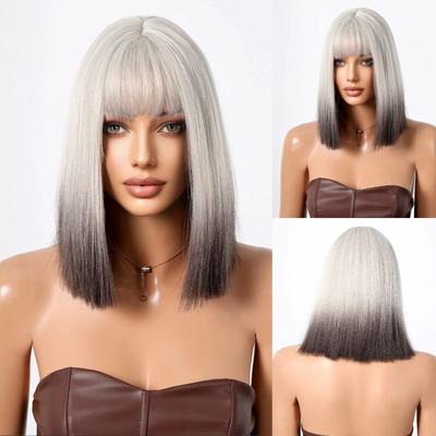 Peluca Bob Ombre Blanco Marrón Pelucas Cortas Lisas con Flequillo Fibra Resistente al Calor Pelo Falso para Mujeres Uso para Fiesta de Cosplay