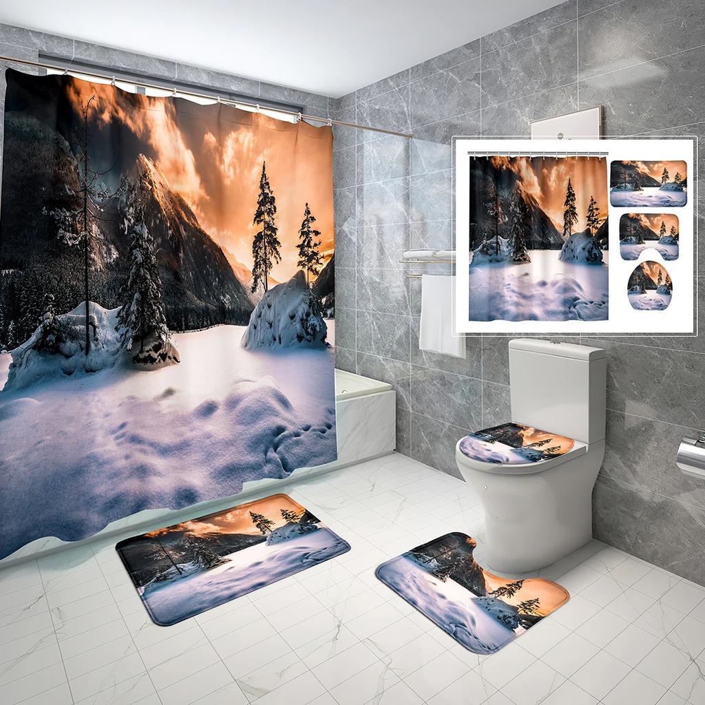Snow Mountain Shower Curtain Set Waterproof Winter Natural Scenery Shower Curtain With Hook Non-Slip Bath Mat Toilet Lid Cover