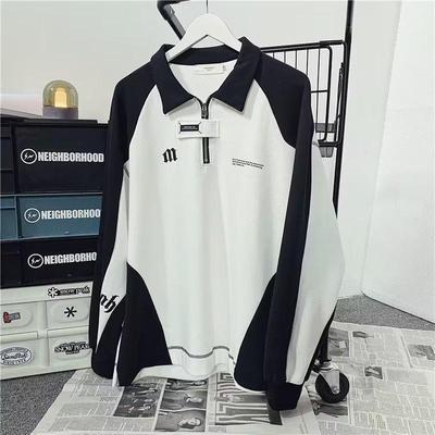 Suéter Polo Retro de Contraste Blanco y Negro para Hombre - Top de Moda, Casual, de Corte Holgado con Cremallera