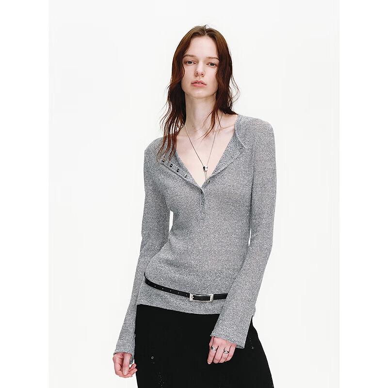 Vintage Henley Sequin Ribbed Knit Blouse